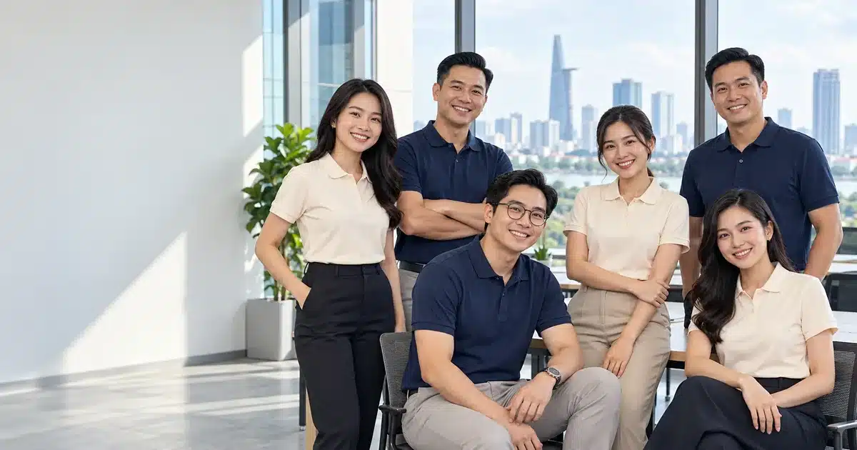 Đội ngũ nhân viên mặc áo polo đồng phục công ty màu navy và kem