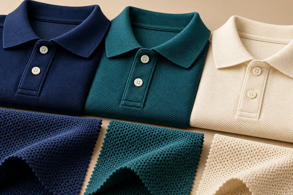 Các mẫu vải và áo polo đồng phục công ty màu xanh navy, xanh teal và kem