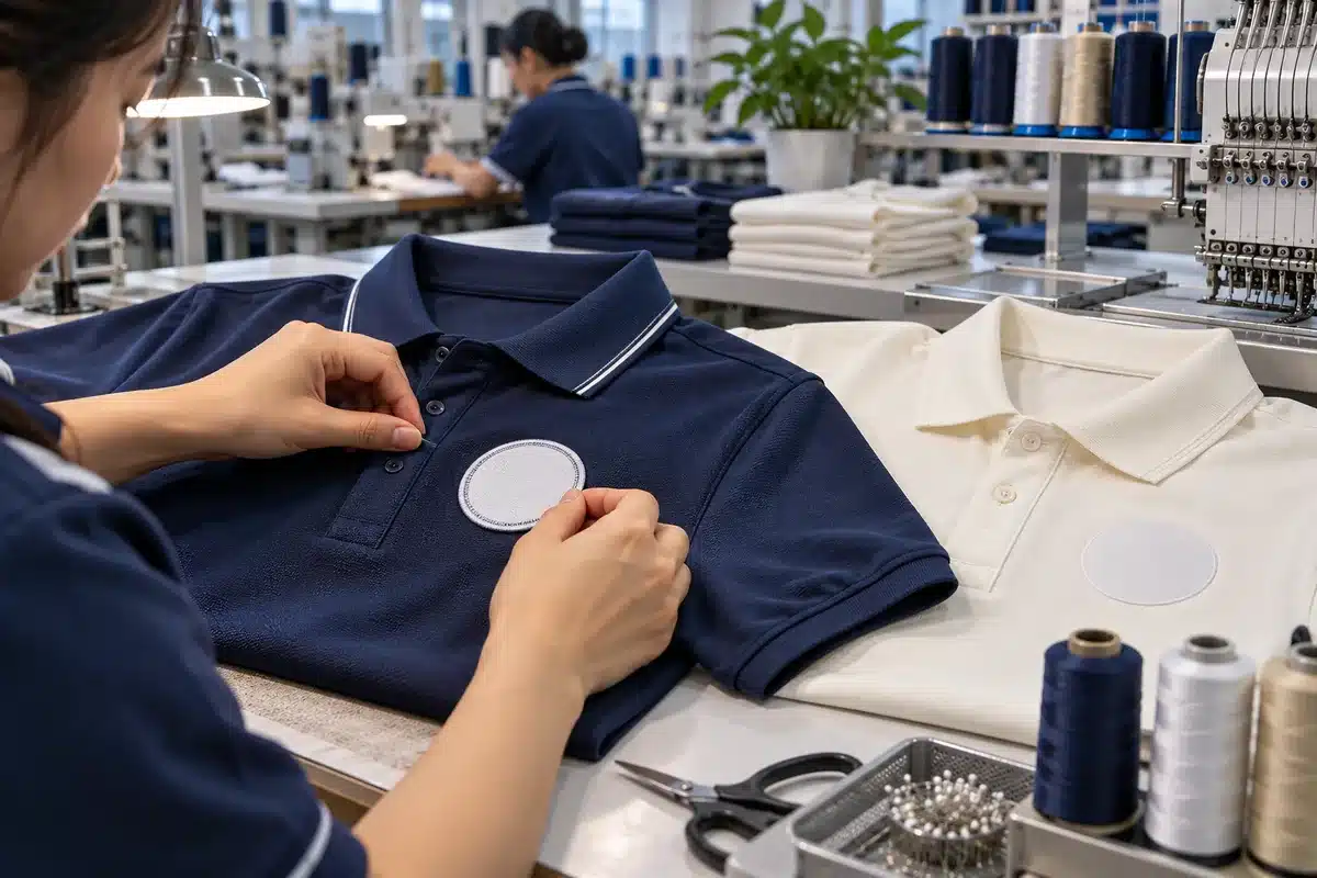 Công đoạn hoàn thiện logo trên áo polo đồng phục tại xưởng