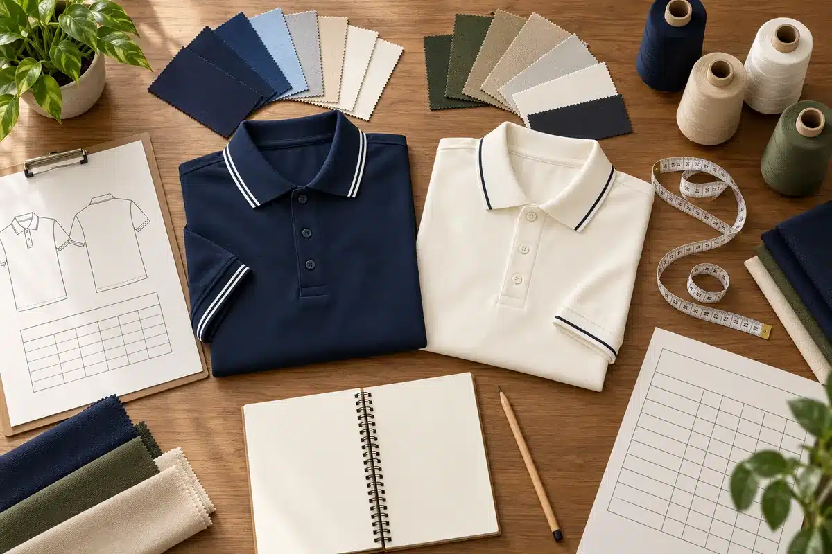 Bộ mẫu áo polo, bảng màu và dụng cụ đo dùng khi duyệt đồng phục